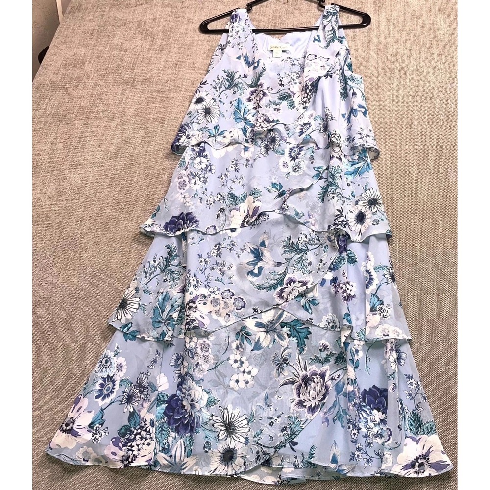 Coldwater Creek A Line Dress Womens Large Blue Multi Floral Tiered Sleeveless